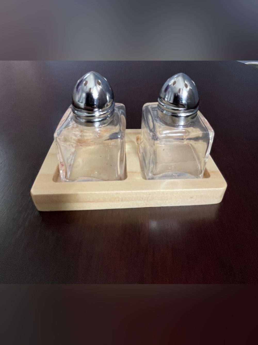 Glass Salt and Pepper Shaker Set in with Wooden Tray